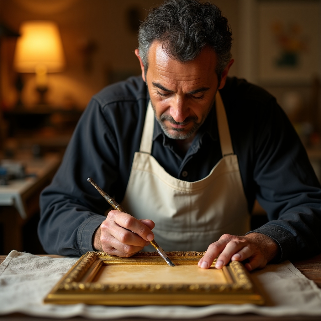 Artigiano al lavoro su una cornice dorata, applicazione della foglia d'oro