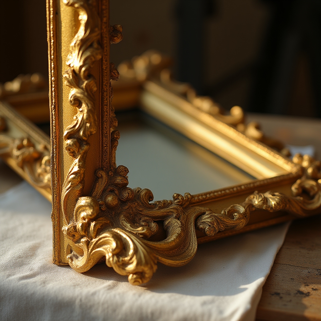 Cornice antica dopo il restauro, doratura a foglia ripristinata