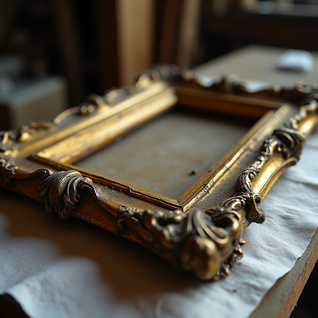 Cornice antica prima del restauro, superficie annerita e stucchi mancanti